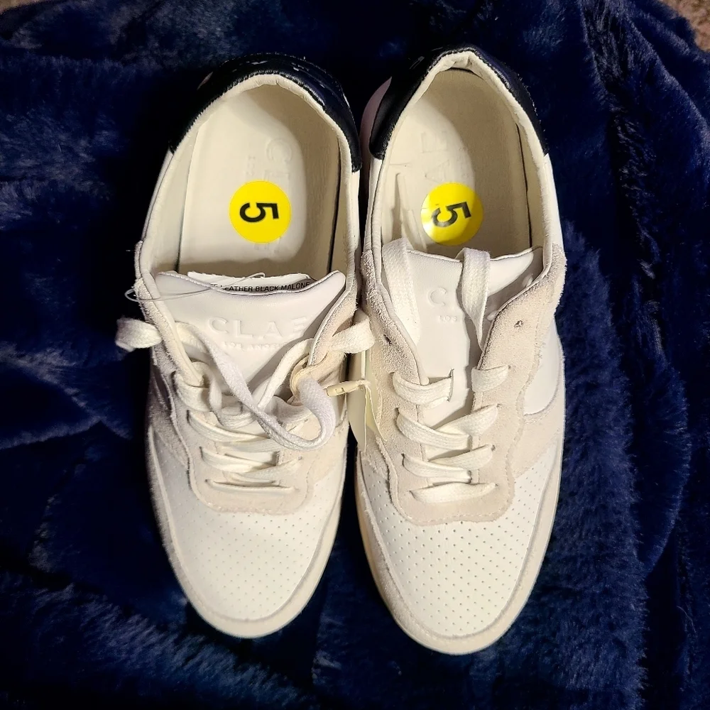 Clae Malone Leather White and Black Casual Sneakers NWT
